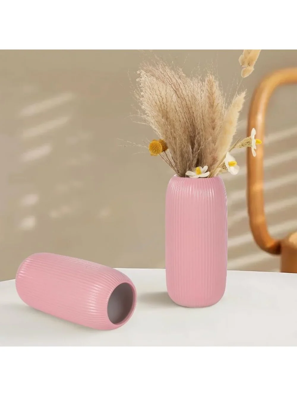 Modern Small Pink Ceramic Vase Flowers Ribbed Textured Farmhouse Home Livings